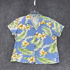 Two Palms Blue Hawaiian Button Up Short Sleeve Shirt Size L Made In USA Resort